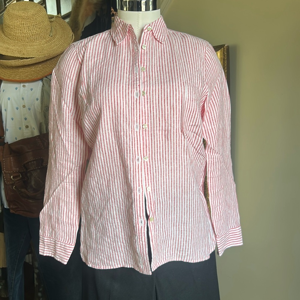 Talbots SZ SP Red Striped 100% Linen Button Down EUC
